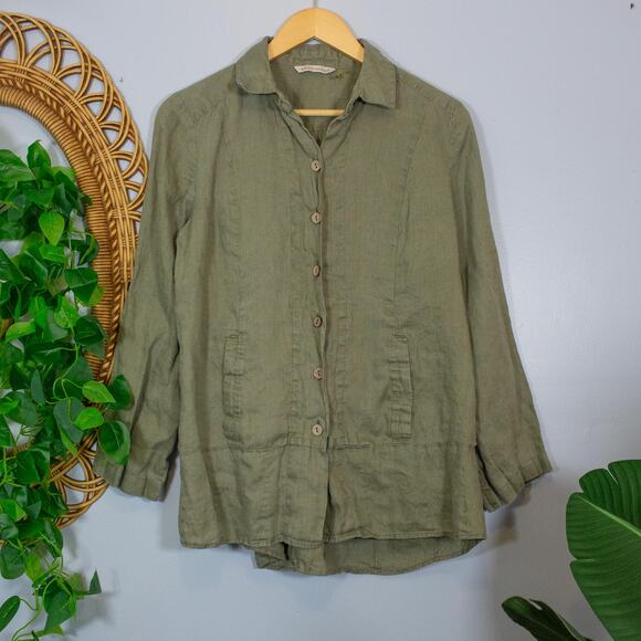 Olive Linen Button Shirt Soft Surroundings Long Sleeve Top | Soft Autumn - Picture 1 of 8
